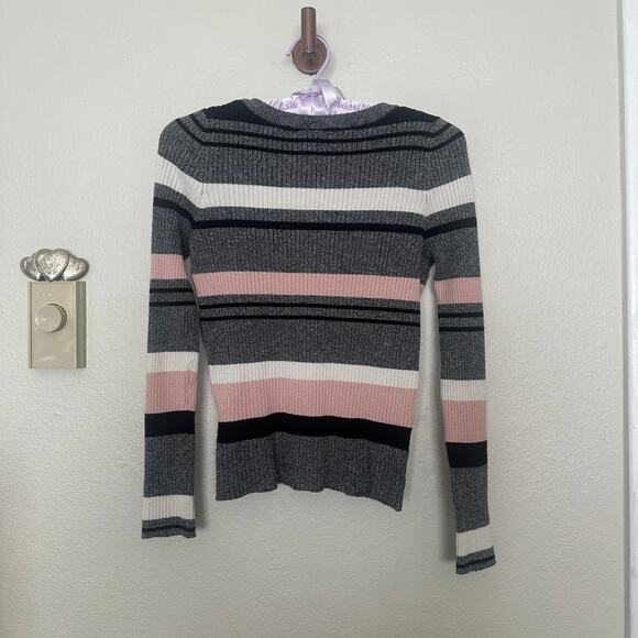 H&M S Striped Pink Black Grey White Ribbed Knit Stretchy Sweater Chic Classic - Picture 5 of 5